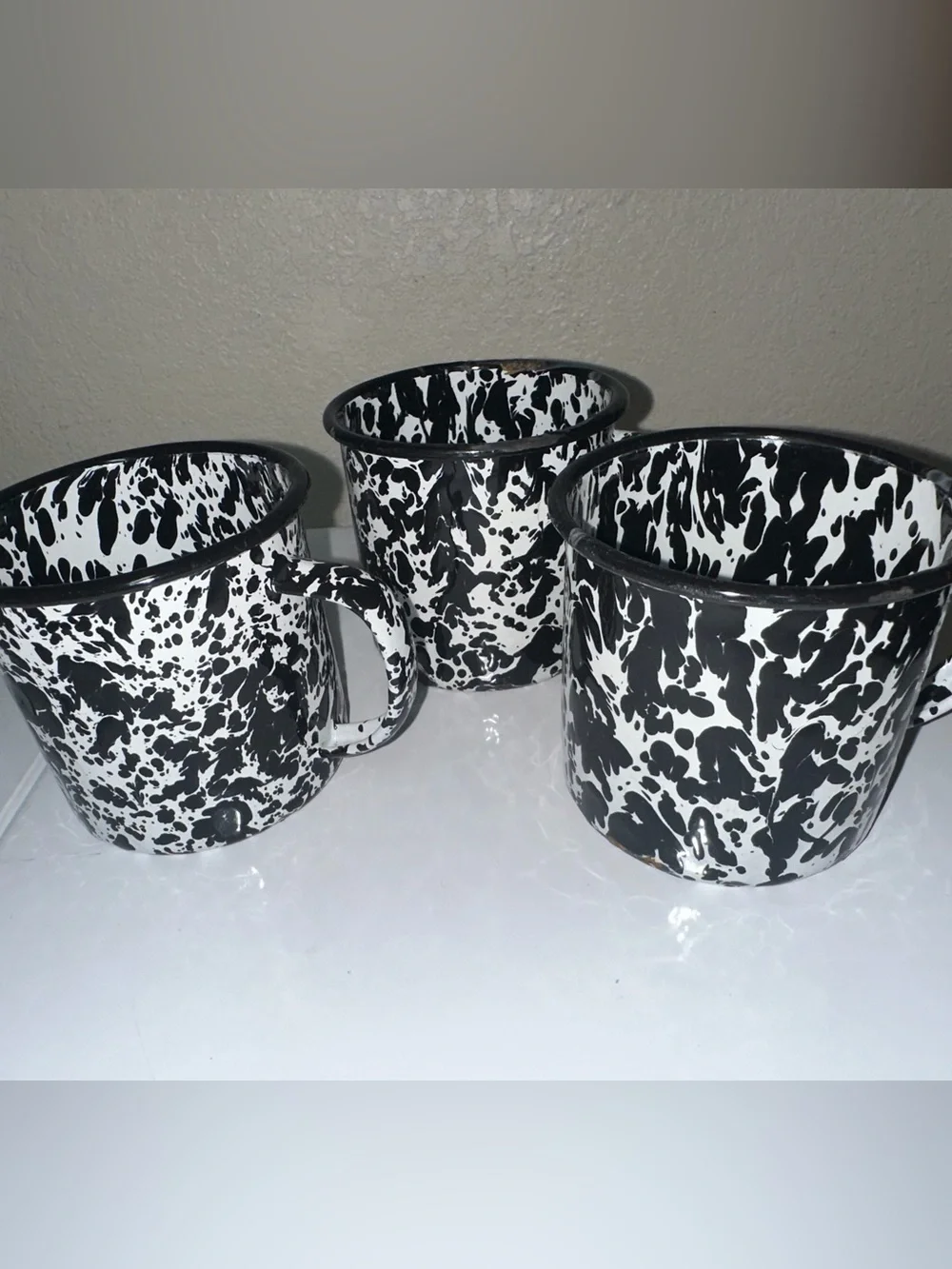 Lot of 3 Graniteware Speckled Black/White Enamel Mugs w/ Wear - Primitive